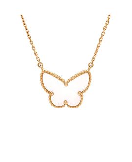 Pre-owned Van Cleef & Arpels Pre-Owned Van Cleef & Arpels Lucky Alhambra Butterfly Pendant Necklace 18K Gold with Mother of Pearl, 16.5