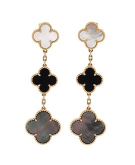 Pre-owned Van Cleef & Arpels Pre-Owned Van Cleef & Arpels Magic Alhambra 3 Motifs Earrings 18K Gold with Mother of Pearl and Onyx
