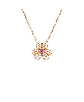 Pre-owned Van Cleef & Arpels Pre-Owned Van Cleef & Arpels Small Frivole Pendant Necklace 18K Rose Gold with Pink Sapphire and Pave Diamonds, 16.5