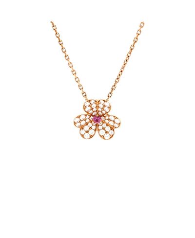 Pre-owned Van Cleef & Arpels Pre-Owned Van Cleef & Arpels Small Frivole Pendant Necklace 18K Rose Gold with Pink Sapphire and Pave Diamonds, 16.5