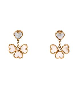 Pre-owned Van Cleef & Arpels Pre-Owned Van Cleef & Arpels Sweet Alhambra Effeuillage Heart Earrings 18K Gold with Mother of Pearl and Diamonds
