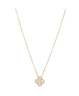 Pre-owned Van Cleef & Arpels Pre-Owned Van Cleef & Arpels Vintage Alhambra Pendant Necklace 18K Gold and Gold Mother of Pearl with Diamond, 16.5