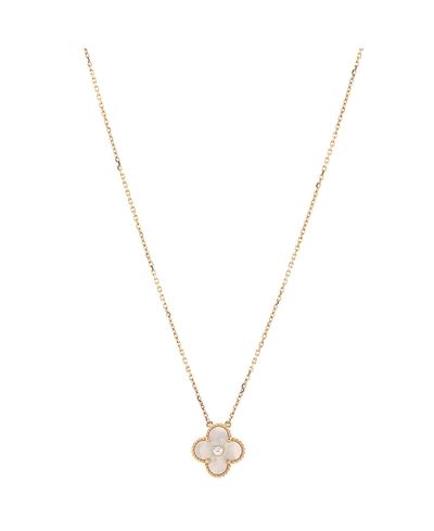 Pre-owned Van Cleef & Arpels Pre-Owned Van Cleef & Arpels Vintage Alhambra Pendant Necklace 18K Gold and Gold Mother of Pearl with Diamond, 16.5