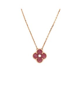 Pre-owned Van Cleef & Arpels Pre-Owned Van Cleef & Arpels Vintage Alhambra Pendant Necklace 18K Rose Gold and Rhodonite with Diamond, 16.5