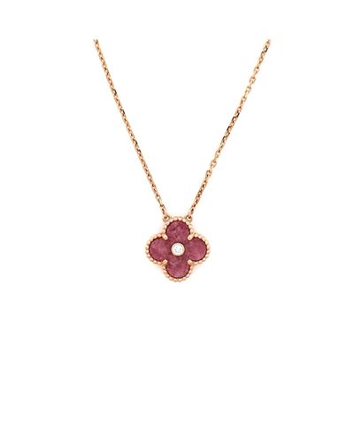 Pre-owned Van Cleef & Arpels Pre-Owned Van Cleef & Arpels Vintage Alhambra Pendant Necklace 18K Rose Gold and Rhodonite with Diamond, 16.5