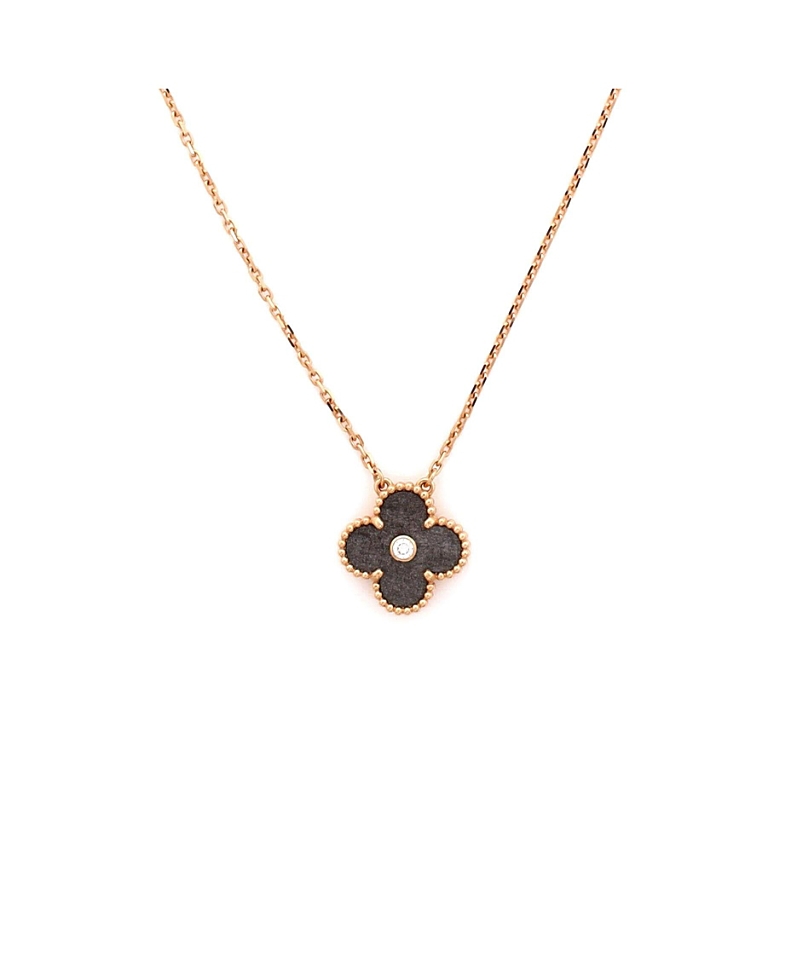 Pre-owned Van Cleef & Arpels Pre-Owned Van Cleef & Arpels Vintage Alhambra Pendant Necklace 18K Rose Gold and Silver Obsidian with Diamond, 16.5