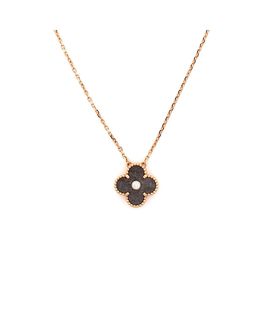 Pre-owned Van Cleef & Arpels Pre-Owned Van Cleef & Arpels Vintage Alhambra Pendant Necklace 18K Rose Gold and Silver Obsidian with Diamond, 16.5