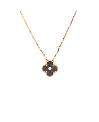 Pre-owned Van Cleef & Arpels Pre-Owned Van Cleef & Arpels Vintage Alhambra Pendant Necklace 18K Rose Gold and Silver Obsidian with Diamond, 16.5