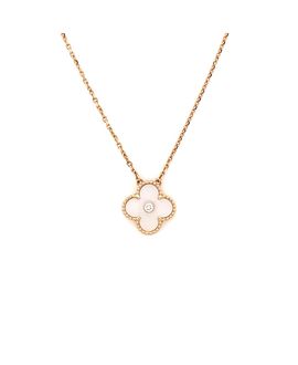 Pre-owned Van Cleef & Arpels Pre-Owned Van Cleef & Arpels Vintage Alhambra Pendant Necklace 18K Rose Gold and White Mother of Pearl with Diamond, 16.25