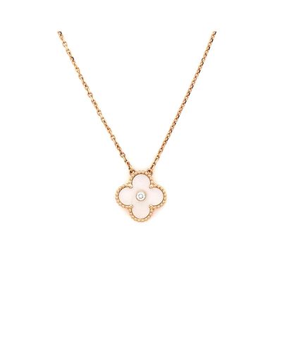 Pre-owned Van Cleef & Arpels Pre-Owned Van Cleef & Arpels Vintage Alhambra Pendant Necklace 18K Rose Gold and White Mother of Pearl with Diamond, 16.25