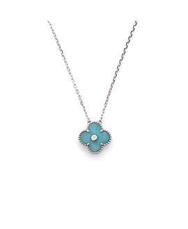Pre-owned Van Cleef & Arpels Pre-Owned Van Cleef & Arpels Vintage Alhambra Pendant Necklace 18K White Gold and Green Celadon Sevres Porcelain with Diamond, 16.25