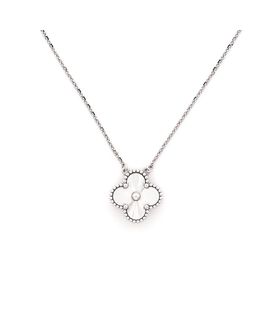 Pre-owned Van Cleef & Arpels Pre-Owned Van Cleef & Arpels Vintage Alhambra Pendant Necklace Guilloche 18K White Gold