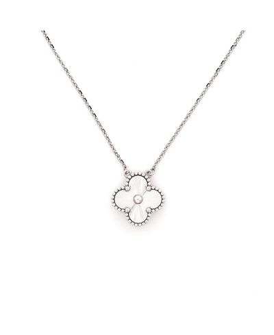 Pre-owned Van Cleef & Arpels Pre-Owned Van Cleef & Arpels Vintage Alhambra Pendant Necklace Guilloche 18K White Gold