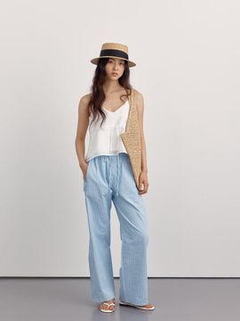 PREECY Stripe Cotton Drawstring Wide Pants [2COLOR]