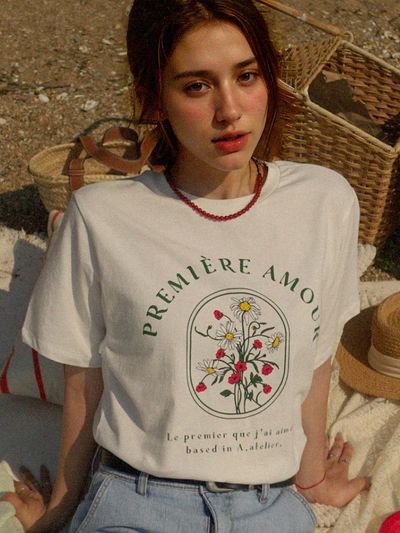 PREMIERE AMOUR Flower Garden Half Sleeve Tee - Light Beige