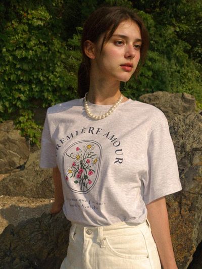 PREMIERE AMOUR Flower Garden Half Sleeve Tee - Melange Grey