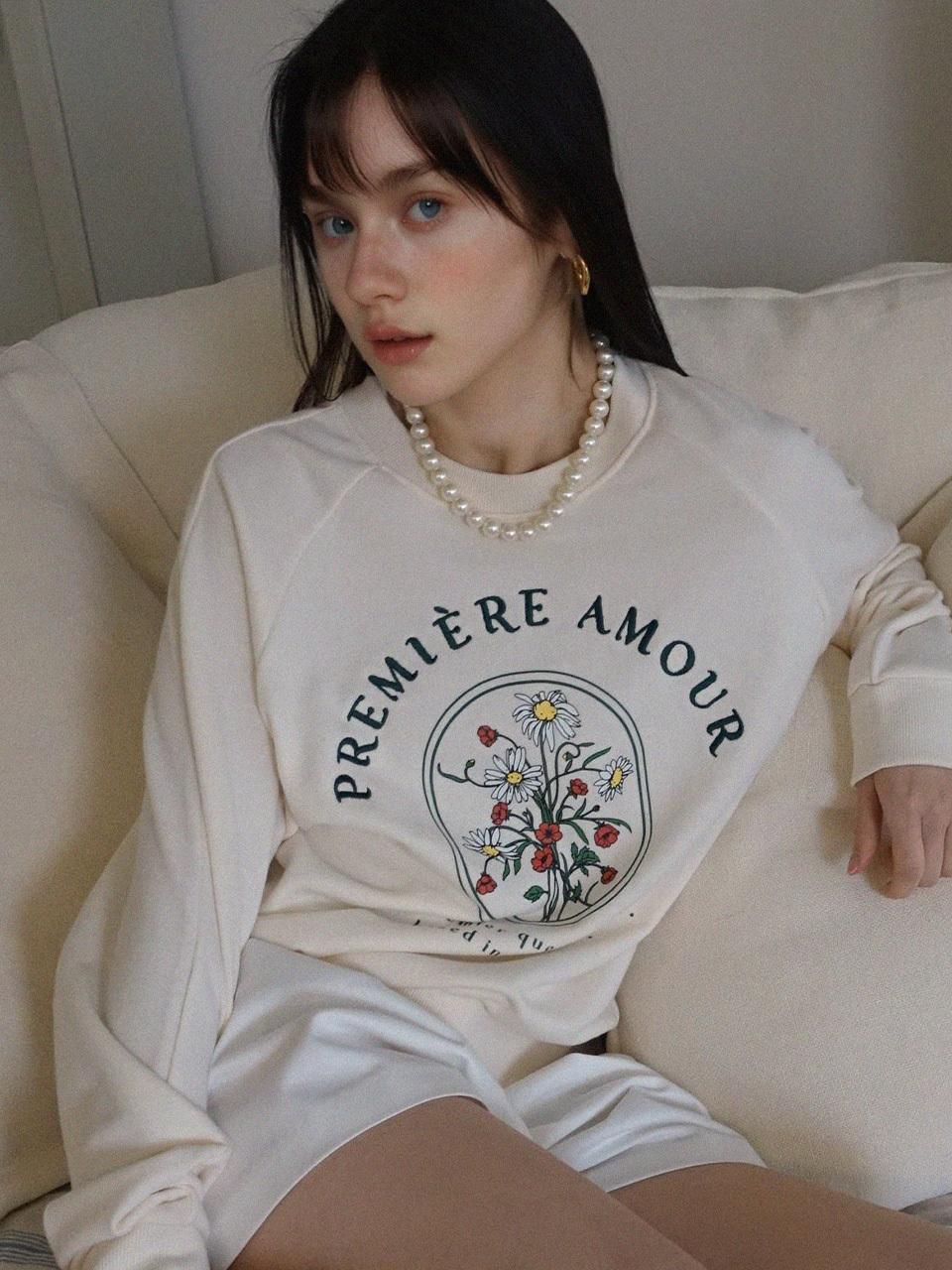 PREMIERE AMOUR Flower Garden Rib Line Sweatshirts - Beige