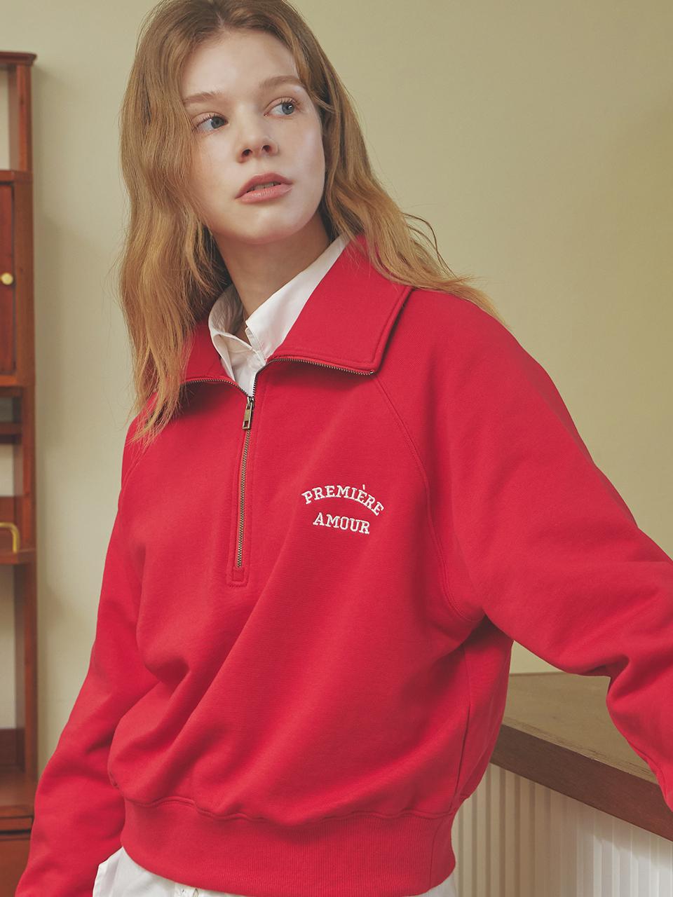 PREMIERE AMOUR Half Zip Collar Embroider Sweatshirt - Red