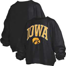 PRESSBOX Women's Pressbox Black Iowa Hawkeyes Janise Arch Over Logo Waist Length Oversized Pullover Sweatshirt 