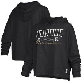 PRESSBOX Women's Pressbox Black Purdue Boilermakers Castillo Slub Waist Length Long Sleeve Hooded T-Shirt 
