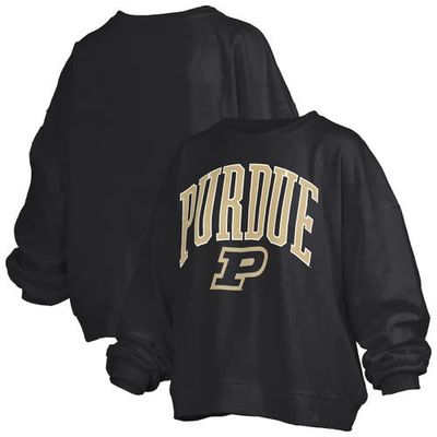 PRESSBOX Women's Pressbox Black Purdue Boilermakers Janise Arch Over Logo Waist Length Oversized Pullover Sweatshirt 