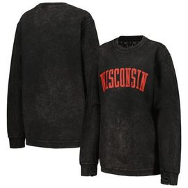 PRESSBOX Women's Pressbox Black Wisconsin Badgers Comfy Cord Vintage Wash Basic Arch Pullover Sweatshirt 