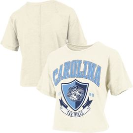 PRESSBOX Women's Pressbox Cream North Carolina Tar Heels Buckler Vintage Cropped T-Shirt 