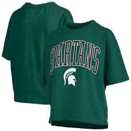 PRESSBOX Women's Pressbox Green Michigan State Spartans Nelson Arch Over Logo Waist Length Oversized Slub T-Shirt 