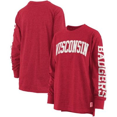 PRESSBOX Women's Pressbox Heathered Red Wisconsin Badgers Two-Hit Canyon Long Sleeve T-Shirt 