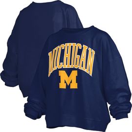 PRESSBOX Women's Pressbox Navy Michigan Wolverines Janise Arch Over Logo Waist Length Oversized Pullover Sweatshirt 