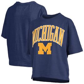 PRESSBOX Women's Pressbox Navy Michigan Wolverines Nelson Arch Over Logo Waist Length Oversized Slub T-Shirt 