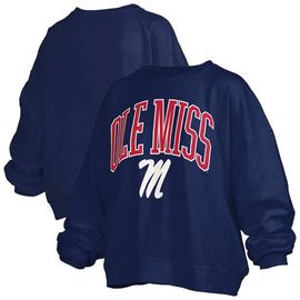 PRESSBOX Women's Pressbox Navy Ole Miss Rebels Janise Arch Over Logo Waist Length Oversized Pullover Sweatshirt 
