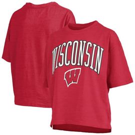 PRESSBOX Women's Pressbox Red Wisconsin Badgers Nelson Arch Over Logo Waist Length Oversized Slub T-Shirt 