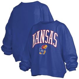 PRESSBOX Women's Pressbox Royal Kansas Jayhawks Janise Arch Over Logo Waist Length Oversized Pullover Sweatshirt 
