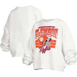 PRESSBOX Women's Pressbox White Clemson Tigers Janice Retro Logo Oversized Pullover Sweatshirt 
