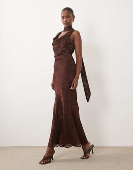 Pretty Lavish Pretty Lavish Ainsley devore cowl neck scarf detail maxi dress in brown