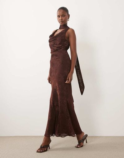 Pretty Lavish Pretty Lavish Ainsley devore cowl neck scarf detail maxi dress in brown