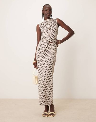 Pretty Lavish Pretty Lavish asymmetric stripe jersey maxi skirt in brown and cream - part of a set