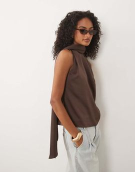 Pretty Lavish Pretty Lavish Breya satin scarf neck sleeveless blouse in chocolate-Brown