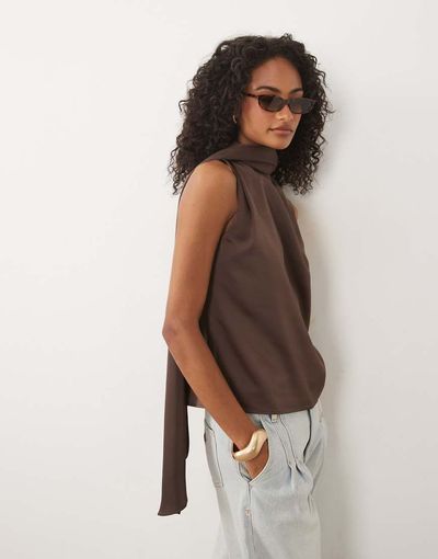 Pretty Lavish Pretty Lavish Breya satin scarf neck sleeveless blouse in chocolate-Brown
