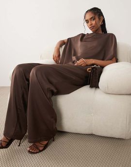 Pretty Lavish Pretty Lavish Breya satin tailored wide leg pants in chocolate - part of a set-Brown