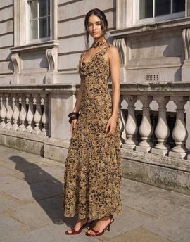 Pretty Lavish Pretty Lavish chiffon cowl neck scarf detail maxi dress in brown leopard print-Multi
