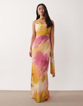 Pretty Lavish Pretty Lavish chiffon scarf detail maxi dress in pink and yellow floral-Multi