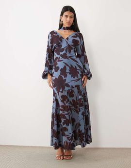 Pretty Lavish Pretty Lavish chiffon v neck scarf detail draped batwing sleeve maxi dress in blue floral print-Multi