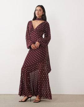Pretty Lavish Pretty Lavish chiffon v neck scarf detail long sleeve maxi dress in wine polka dot print-Multi