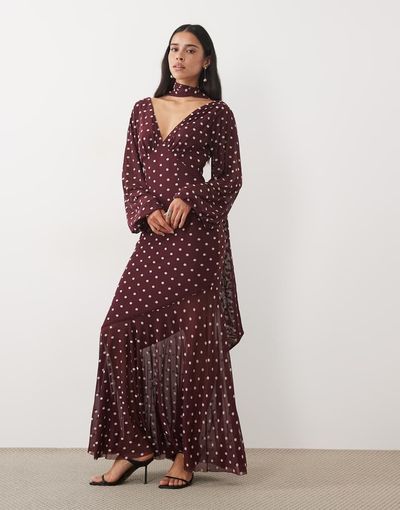 Pretty Lavish Pretty Lavish chiffon v neck scarf detail long sleeve maxi dress in wine polka dot print-Multi
