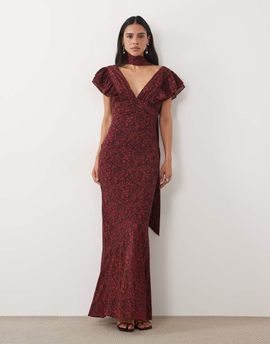 Pretty Lavish Pretty Lavish chiffon v neck tie detail frill sleeve maxi dress in red floral print-Multi