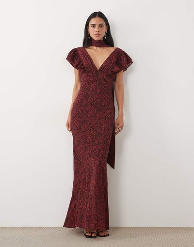 Pretty Lavish Pretty Lavish chiffon v neck tie detail frill sleeve maxi dress in red floral print-Multi
