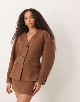 Pretty Lavish Pretty Lavish collarless cinched tailored jacket in brown - part of a set