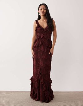 Pretty Lavish Pretty Lavish devore frill detailing cami maxi dress in mahogany red-Brown